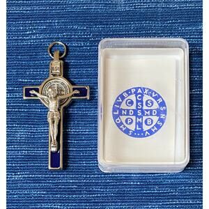 Large 3" St Benedict Crucifix Pendant Blue Enamel Cross Charm Necklace Italy 15B